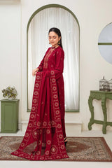 ADR-3PC DHANAK EMBROIDERED SHIRT WITH HEAVY CUTWORK EMBROIDERED DHANAK SHAWL AND TROUSER-ADR-1514