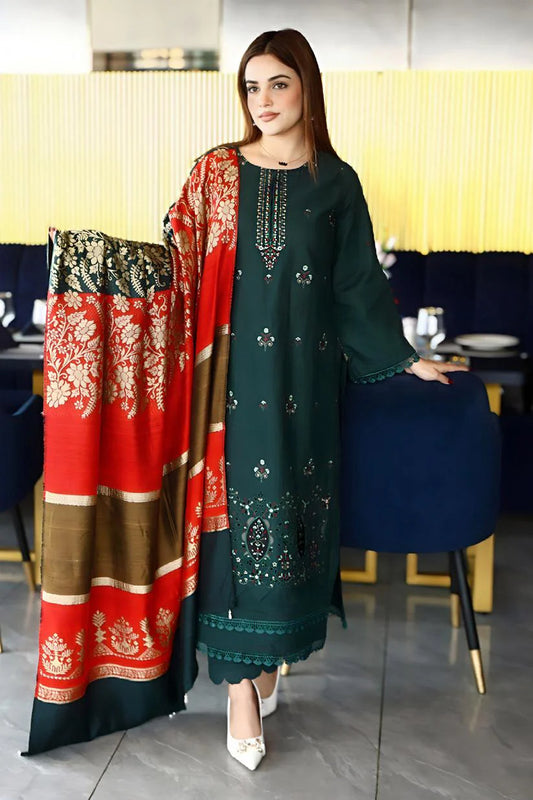 ADORE-3PC KHADDAR CUTWORK EMBROIDERED SHIRT WITH KASHMIRI JACQUARD WOOL SHAWL-ADR-1511