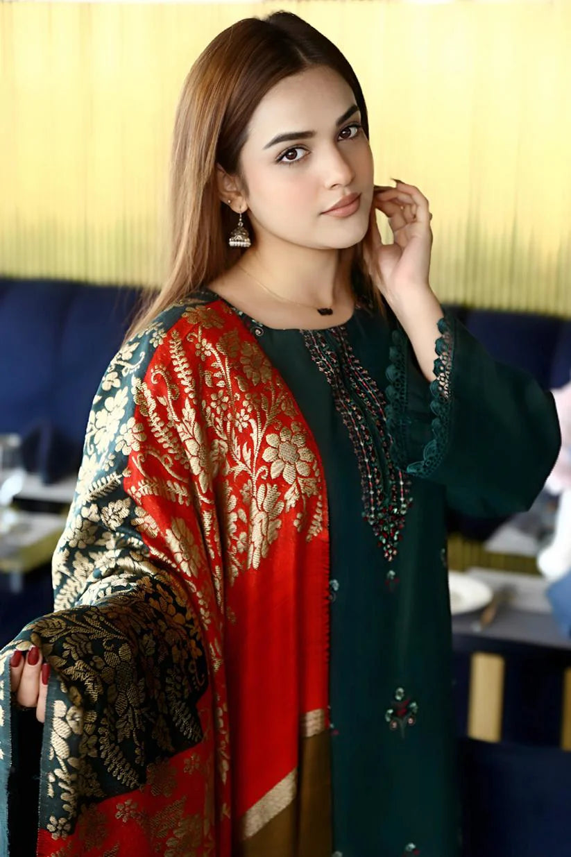 ADORE-3PC KHADDAR CUTWORK EMBROIDERED SHIRT WITH KASHMIRI JACQUARD WOOL SHAWL-ADR-1511