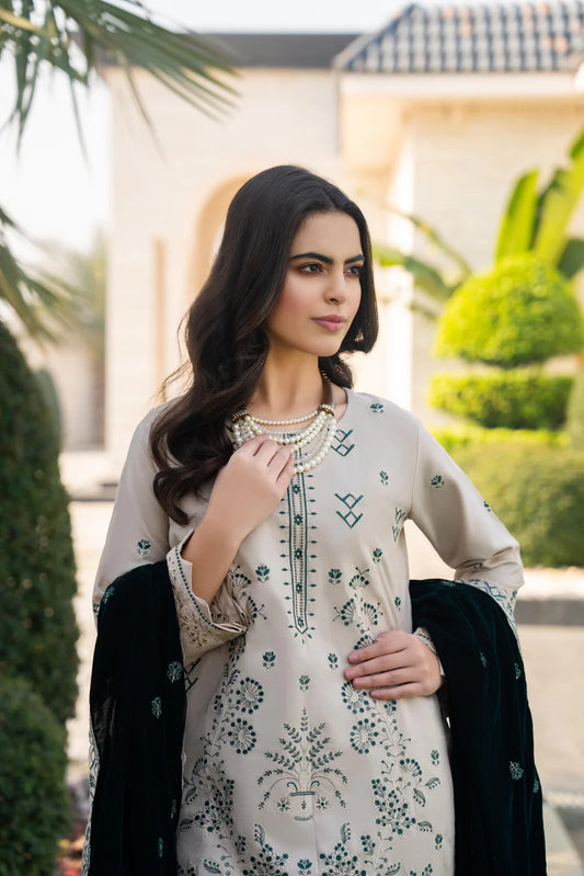 ADORE-3PC DHANAK EMBROIDERED SHIRT WITH VELVET EMBROIDERED READY TO WEAR SHAWL-1520