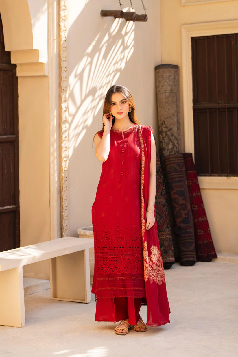 MIRAKHI-3PC LAWN CHIKENKARI EMBROIDERED SHIRT WITH LAWN JAQUARD PRINT DUPATTA -ADR-5400