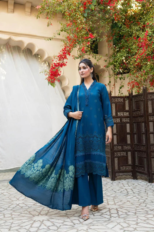 MIRAKHI-3PC LAWN CHIKENKARI EMBROIDERED SHIRT WITH LAWN JACQUARD PRINT DUPATTA-ADR-5600