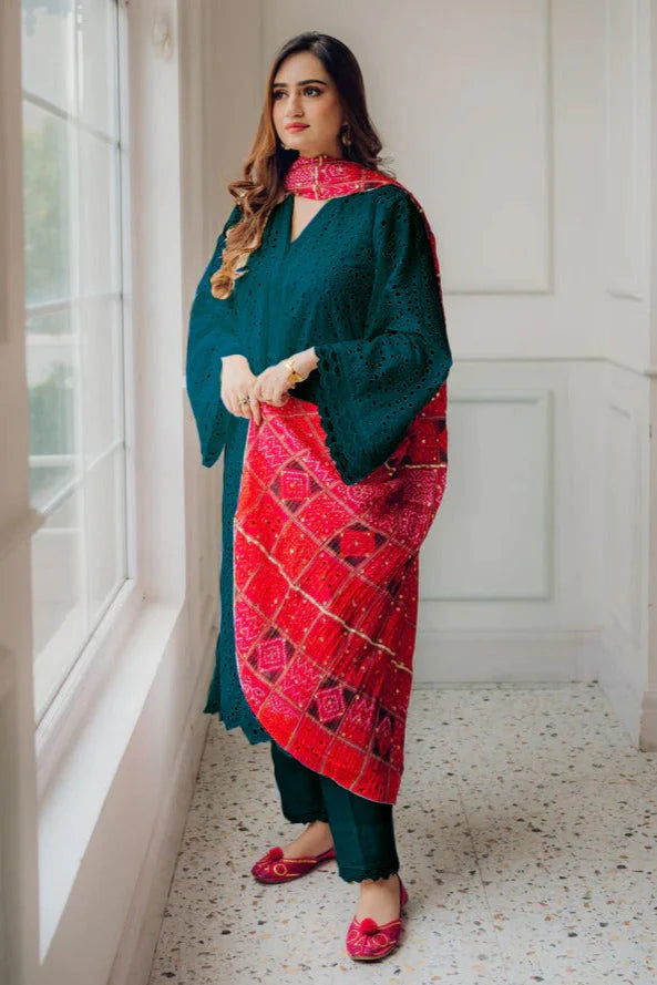 MARIA B-3PC CHIKANKAARI LAWN EMBROIDERED SHIRT WITH CHUNRI PRINT DUPATTA AND TROUSER-ADR-