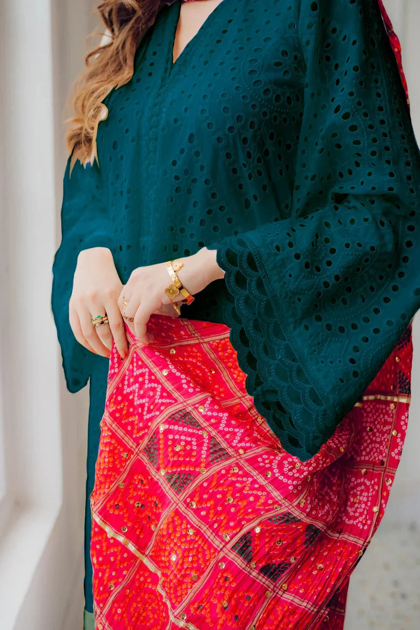 MARIA B-3PC CHIKANKAARI LAWN EMBROIDERED SHIRT WITH CHUNRI PRINT DUPATTA AND TROUSER-ADR-