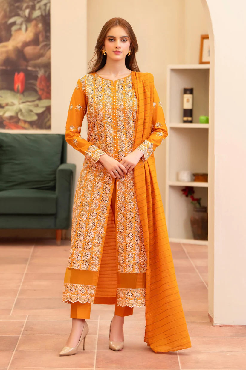 MIRAKHI - 3PC LAWN CHIKENKAARI EMBROIDERED SHIRT WITH LAWN TUBE SLUB DUPATTA AND TROUSER-ADR-