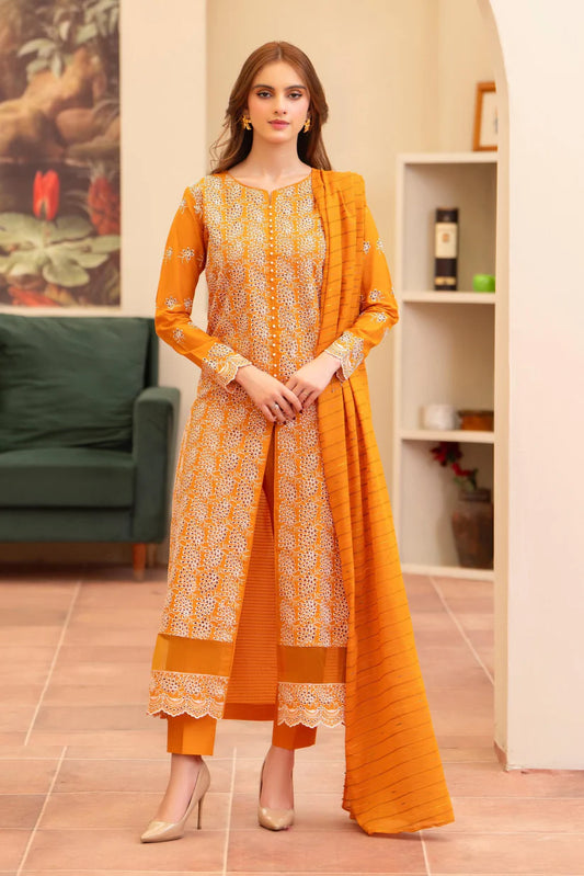 MIRAKHI - 3PC LAWN CHIKENKAARI EMBROIDERED SHIRT WITH LAWN TUBE SLUB DUPATTA AND TROUSER-ADR-
