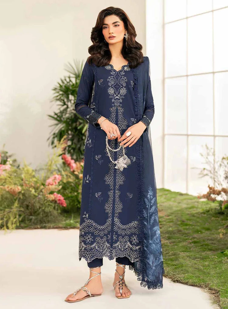 IZNIK-3PC DHANAK CHIKAN EMBROIDERED SHIRT WITH COURTRAI PRINTED SHAWL AND EMB TROUSER-ADR-4132