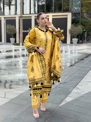 ADORE-3PC KARANDI PRINTED EMBROIDERED SHIRT WITH KARANDI PRINTED EMB SHAWL & PRINTED TROUSER-ADR-