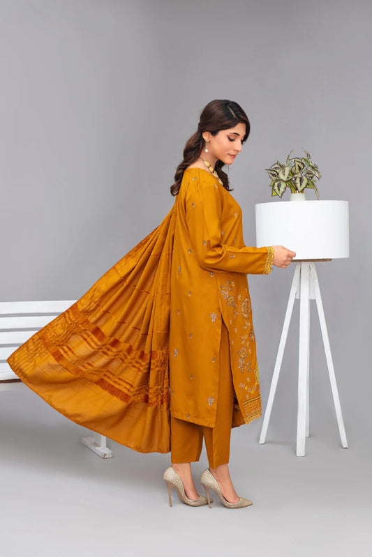 ADR-3PC Dhanak Embroidered Shirt with Velvet Dhanak Shawl and Trouser-ADR-2678- Y