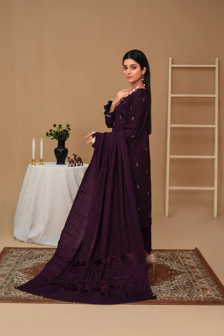 ADORE-3PC Dhanak Embroidered Shirt with Velvet Dhanak Shawl and Trouser-ADR-PLUM
