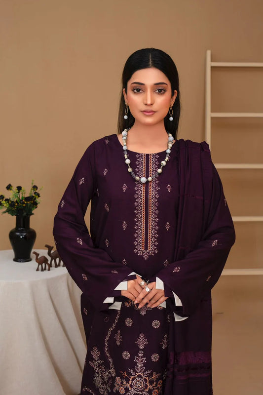 ADORE-3PC Dhanak Embroidered Shirt with Velvet Dhanak Shawl and Trouser-ADR-PLUM