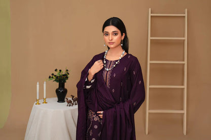 ADORE-3PC Dhanak Embroidered Shirt with Velvet Dhanak Shawl and Trouser-ADR-PLUM