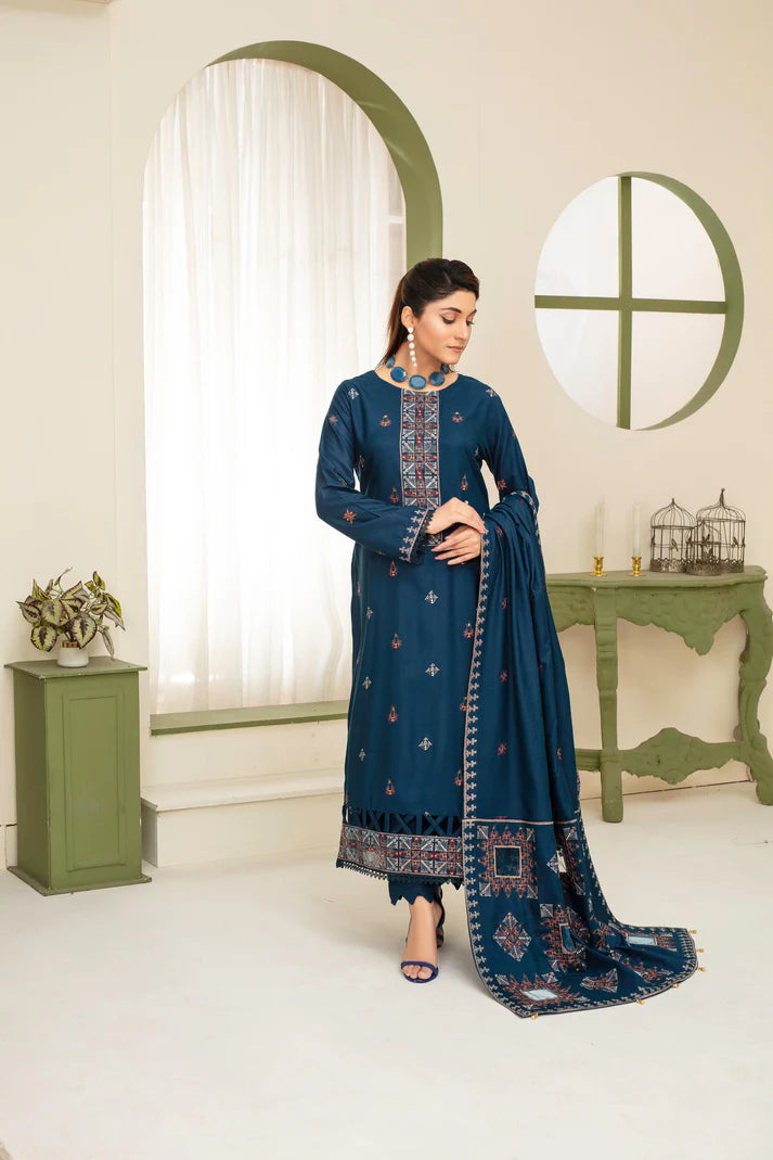 ADR-3PC DHANAK EMBROIDERED SHIRT WITH HEAVY CUTWORK EMBROIDERED DHANAK SHAWL AND TROUSER-ADR-1523