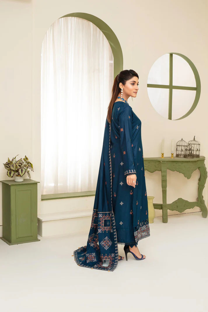 ADR-3PC DHANAK EMBROIDERED SHIRT WITH HEAVY CUTWORK EMBROIDERED DHANAK SHAWL AND TROUSER-ADR-1516