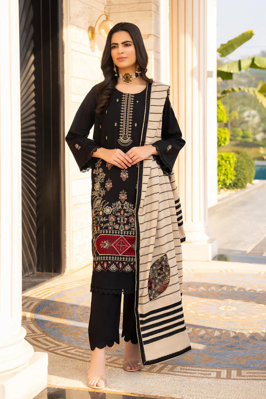 ADORE -3PC DHANAK EMBROIDERED SHIRT WITH HEAVY CUTWORK EMBROIDERED JACQUARD WOOL SHAWL -1521