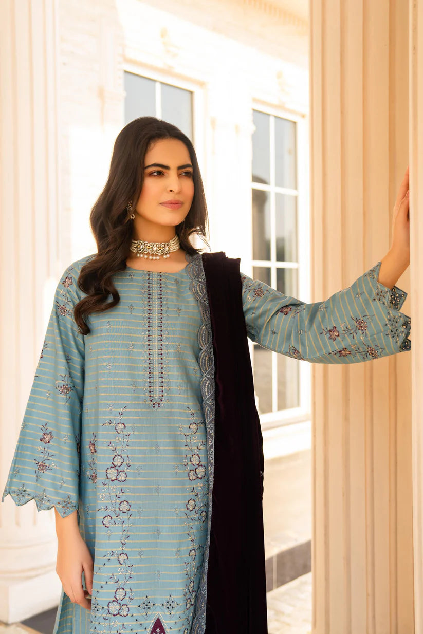 ADORE-3PC KHADDAR EMBROIDERED SHIRT WITH VELVET EMBROIDERED READY TO WEAR SHAWL-1522