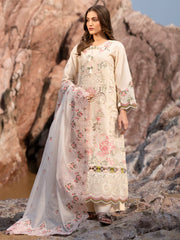 MAHNUR-3PC LAWN LASERCUTWORK EMBROIDERED SHIRT WITH KHAADI NET EMBROIDERED DUPATTA AND TROUSER-ADR-4721