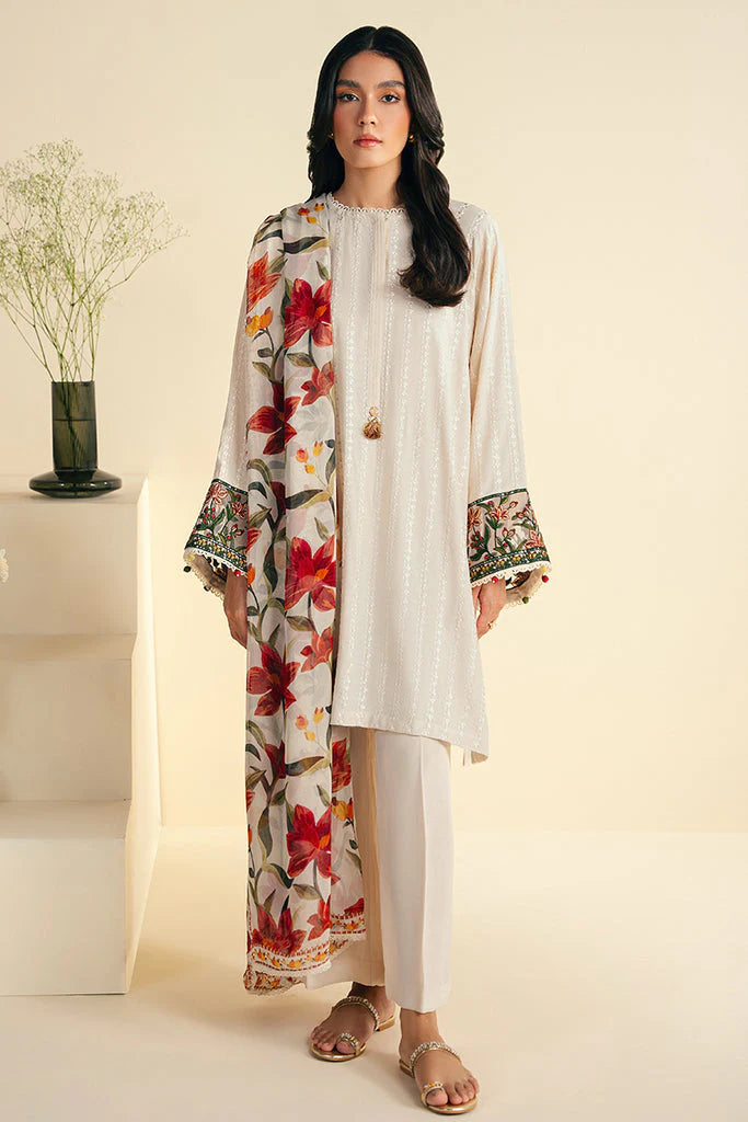 JAZMIN-3PC DHANAK EMBROIDRED SHIRT WITH WOOL PRINT SHAWL AND TROUSER-ADR-3320-B