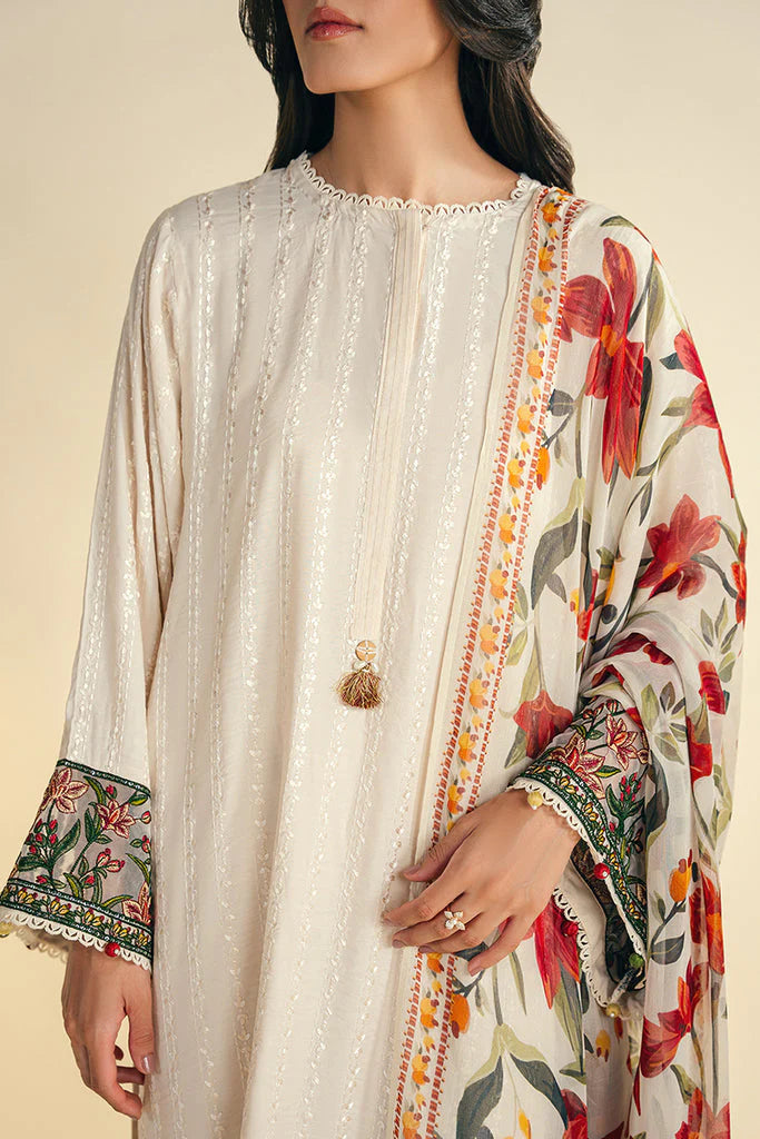 JAZMIN-3PC DHANAK EMBROIDRED SHIRT WITH WOOL PRINT SHAWL AND TROUSER-ADR-3320-B