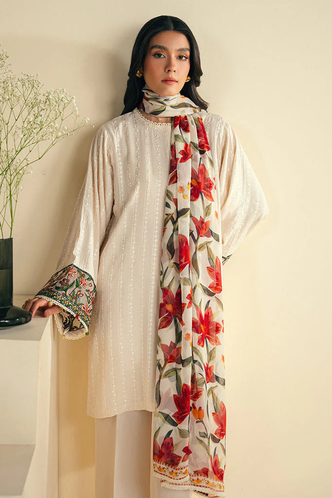 JAZMIN-3PC DHANAK EMBROIDRED SHIRT WITH WOOL PRINT SHAWL AND TROUSER-ADR-3320-B