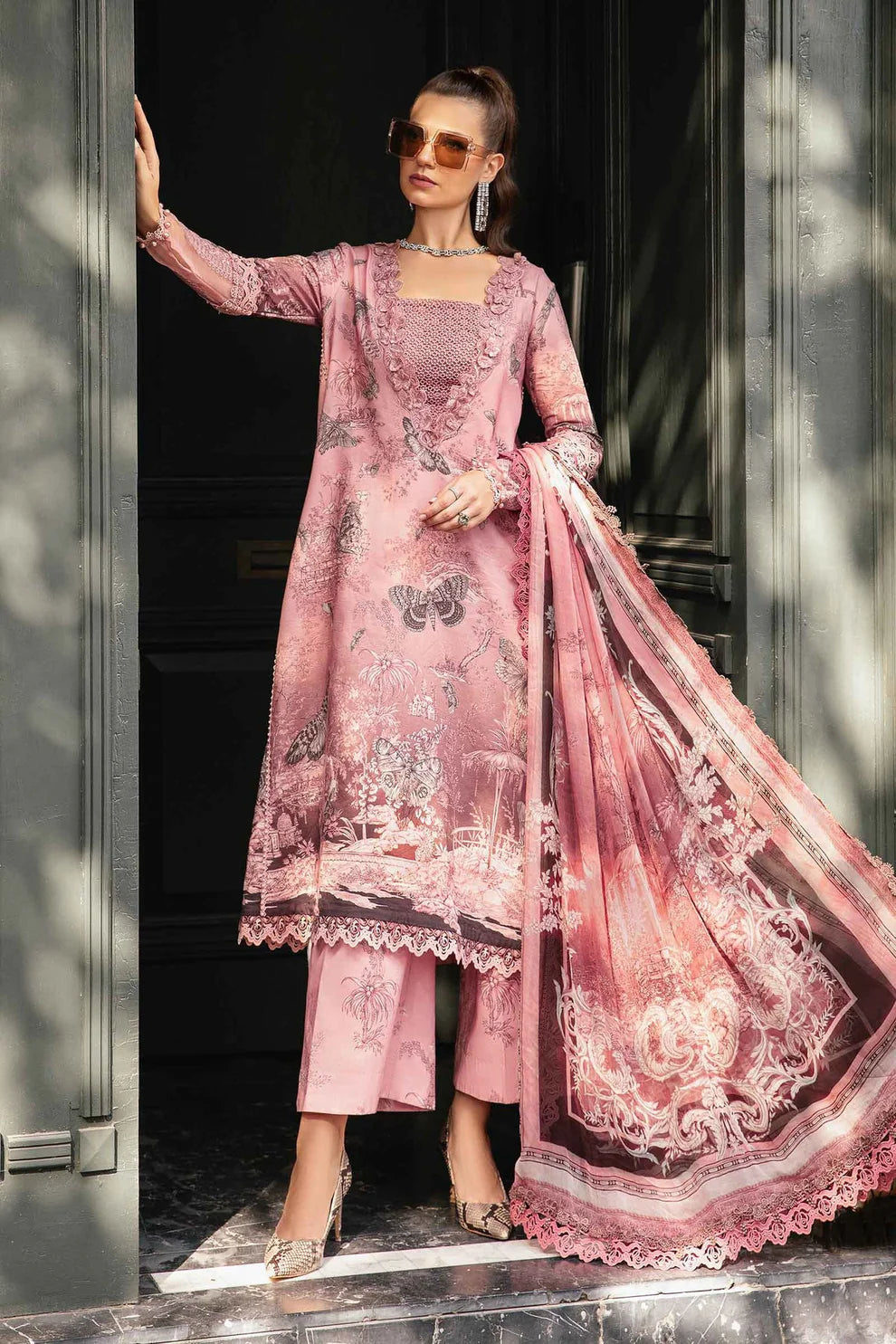 MARIA B- 3PC KARANDI PRINTED EMBROIDERED SHIRT WITH KARANDI PRINTED SHAWL AND KARANDI PRINTED TROUSER-ADR-3260-B