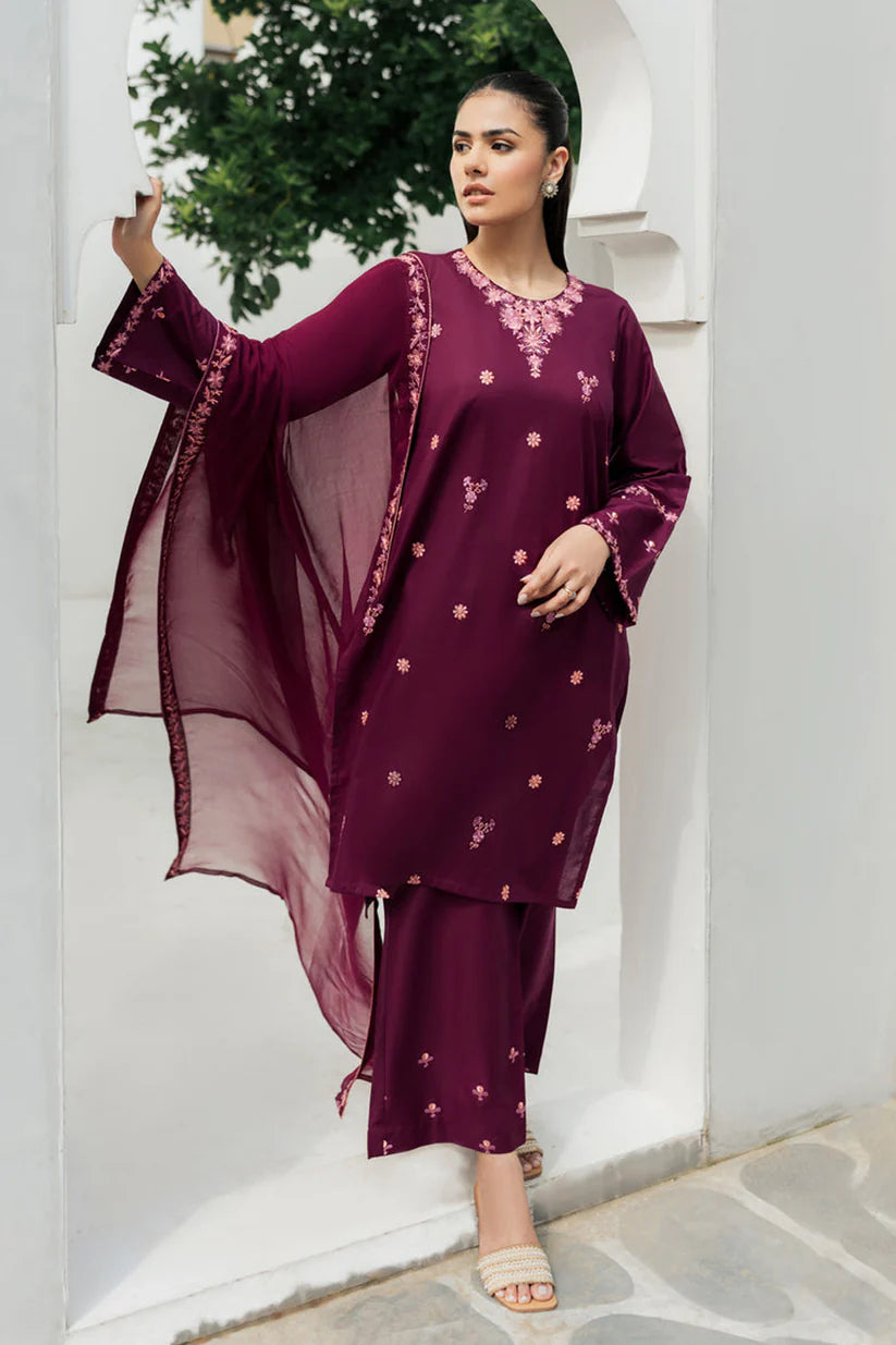 JAZMIN-3PC DHANAK EMBROIDERED SHIRT WITH CHIFFON EMBROIDRED DUPATTA AND TROUSER-ADR-3310