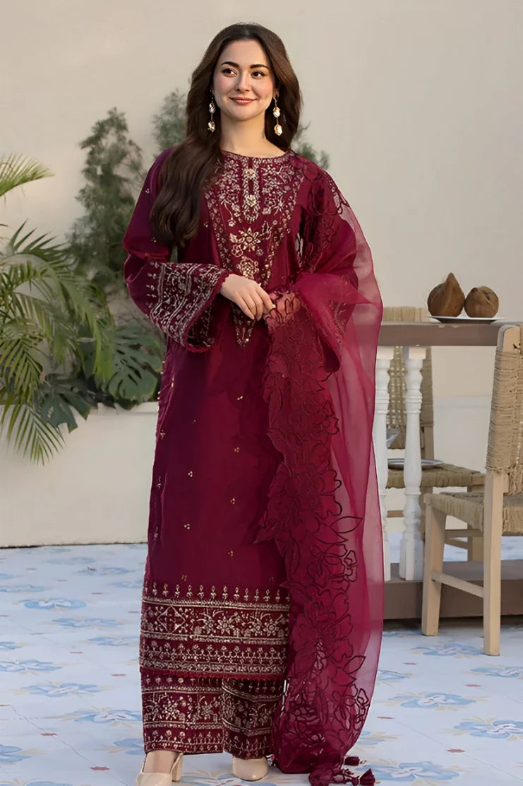 QALAMQAR-3PC LAWN EMBROIDERED SHIRT WITH ORGANZA EMBROIDERED DUAPATTA AND TROUSER-ADR-3727