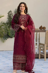 QALAMQAR-3PC LAWN EMBROIDERED SHIRT WITH ORGANZA EMBROIDERED DUAPATTA AND TROUSER-ADR-3727