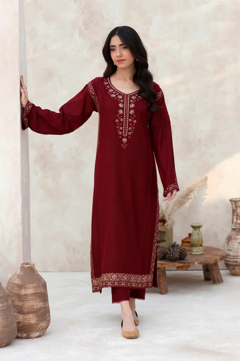 FEROZAE-2PC DHANAK EMBROIDERED SHIRT WITH DHANAK EMBROIDERED SLEEVES-ADR-3417