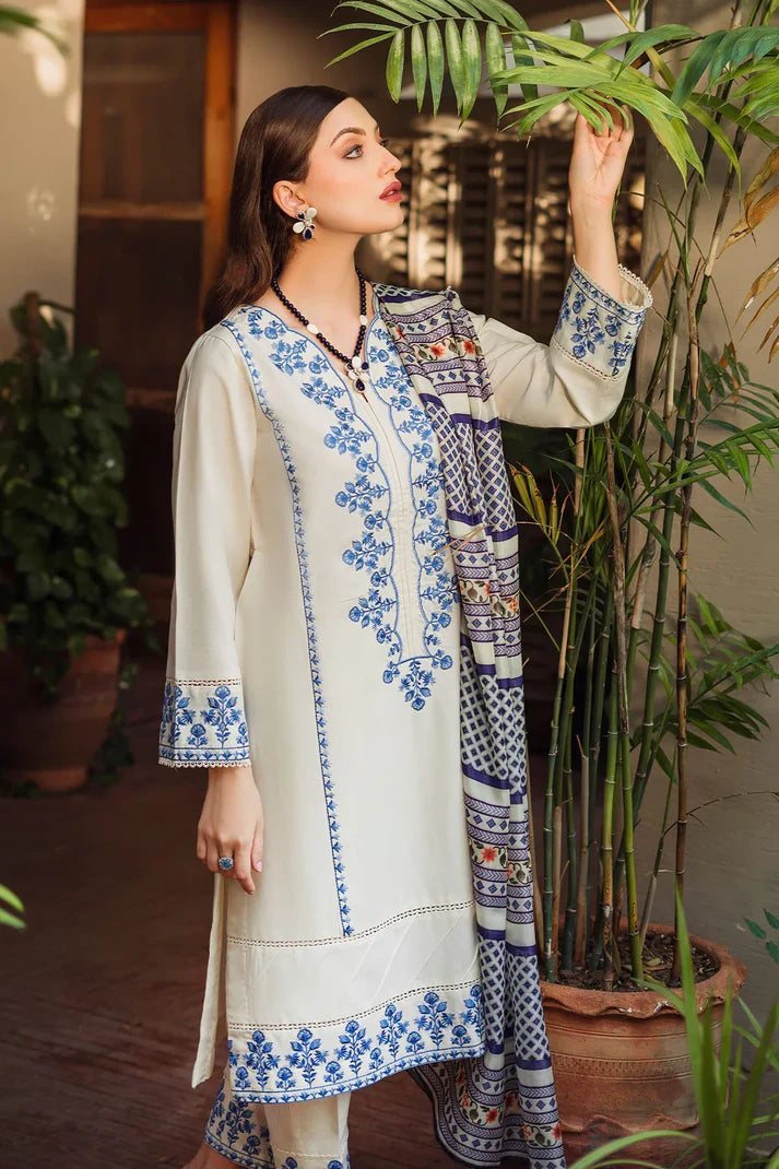 ZIVA - 3PC KHADAR EMBROIDERED SHIRT WITH WOOL PRINTED SHAWL & EMB TROUSER-ADR-3400