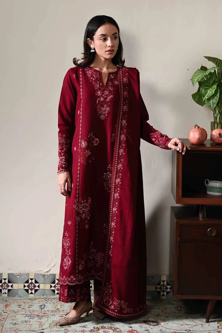 ZAIB-3PC DHANAK EMBROIDERED SHIRT WITH DHANAK EMBROIDERED SHAWL AND TROUSER-ADR-5031