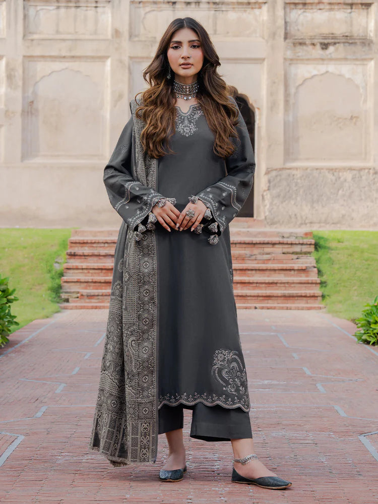 IZEL-3PC DHANAK EMBROIDERED SHIRT WITH COURTRAI PRINTED SHAWL & TROUSER-ADR-4359