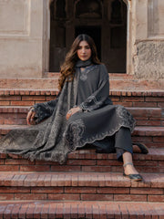 IZEL-3PC DHANAK EMBROIDERED SHIRT WITH COURTRAI PRINTED SHAWL & TROUSER-ADR-4359