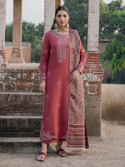 IZEL-3PC DHANAK EMBROIDERED SHIRT WITH COURTRAI PRINTED SHAWL & TROUSER-ADR-4356