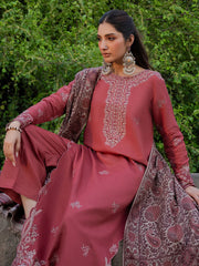 IZEL-3PC DHANAK EMBROIDERED SHIRT WITH COURTRAI PRINTED SHAWL & TROUSER-ADR-4356