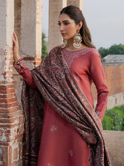 IZEL-3PC DHANAK EMBROIDERED SHIRT WITH COURTRAI PRINTED SHAWL & TROUSER-ADR-4356