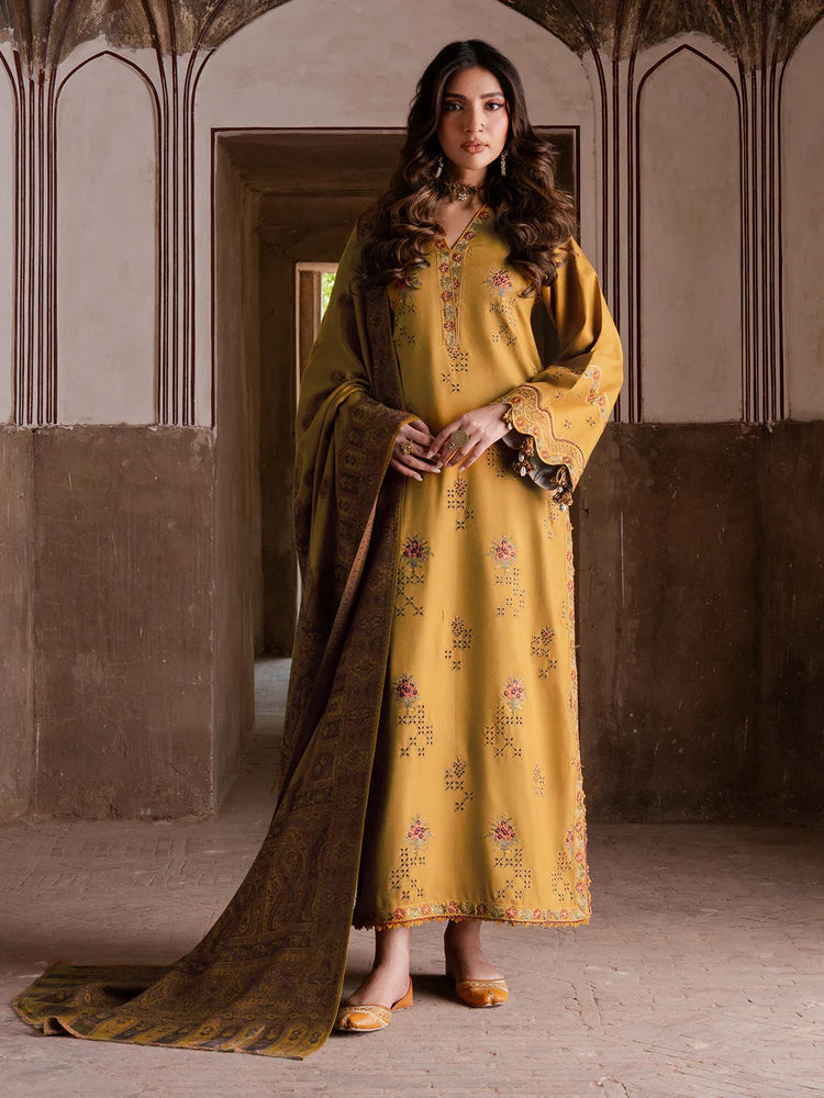 IZEL-3PC KARANDI EMBROIDERED SHIRT WITH PASHMINA WOOL SHAWL & KARANDI TROUSER-ADR-4355
