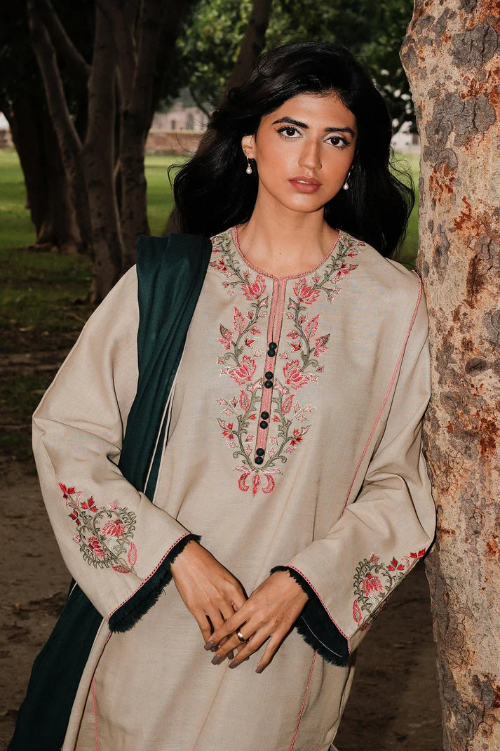 COCO BY ZAHRA SHAHJAHAN - 3PC DHANAK EMBROIDERED SHIRT WITH DHANAK EMBROIDERED SHAWL AND TROUSER-ADR-1224