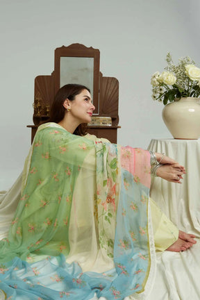 ZAHRA SHAHJAHAN- 3PC LAWN CHIKENKARI EMBROIDERED SHIRT WITH ORGANZA PRINT DUPATTA-ADR-2715