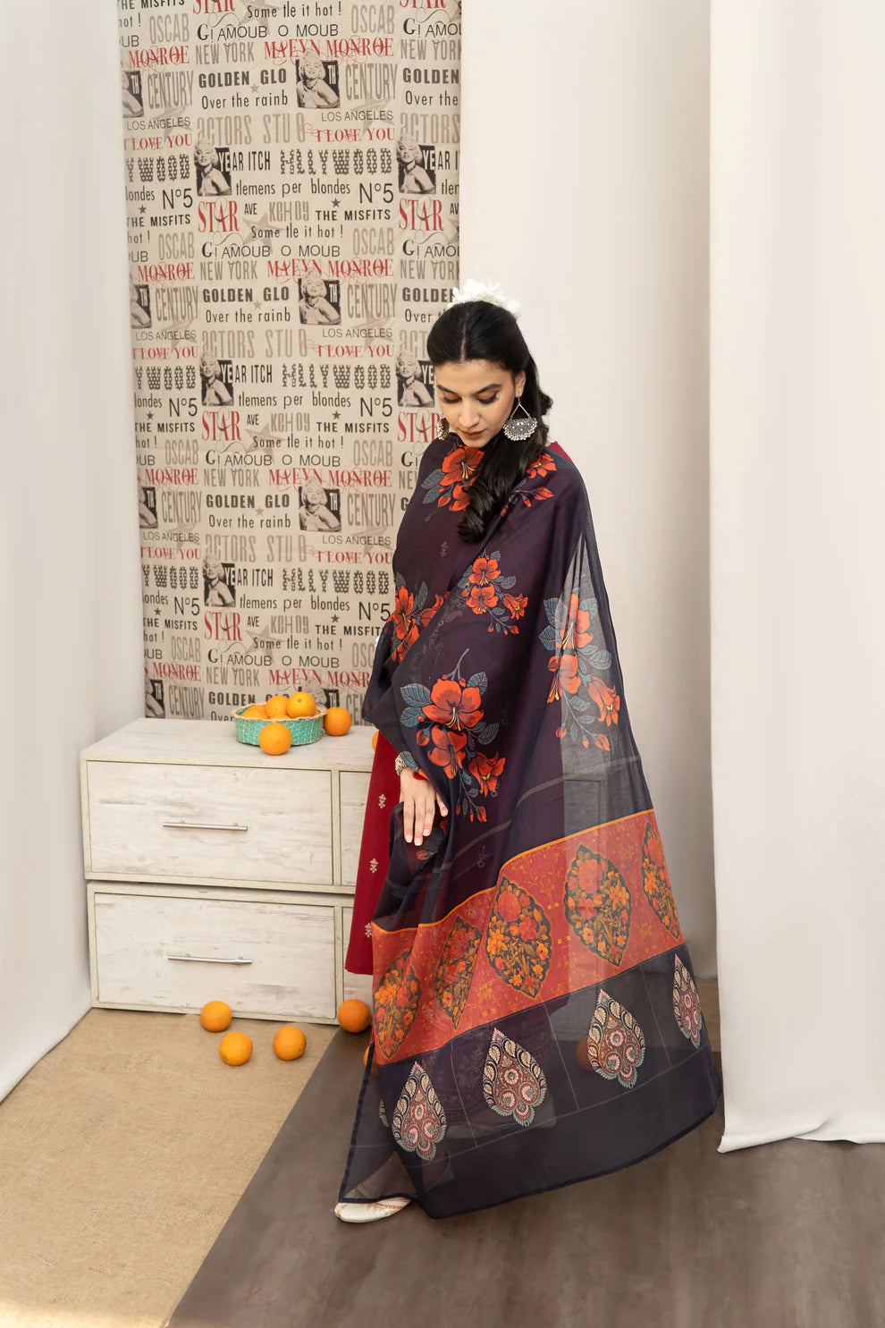 URGE - 3PC DHANAK EMBROIDERED SHIRT WITH COUTURE PRINTED SHAWL AND EMB TROUSER-ADR-3205