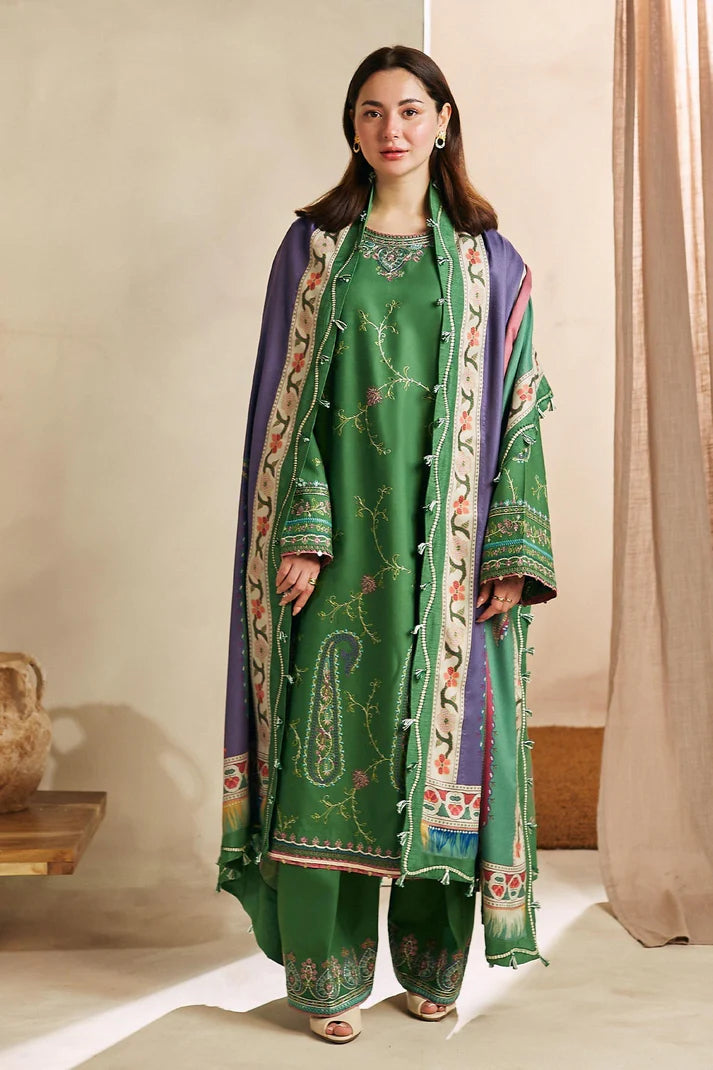 ZARA SHAH JAHAN - 3PC DHANAK EMBROIDERED SHIRT WITH WOOL PRINT SHAEL AND TROUSER-ADR-3249