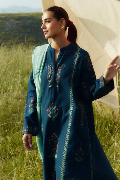 ZARA SHAHJAHAN- 3PC KHADDAR EMBROIDERED SHIRT WITH COURTAI WOOL PRINT SHAWL AND TROUSER-ADR-3337