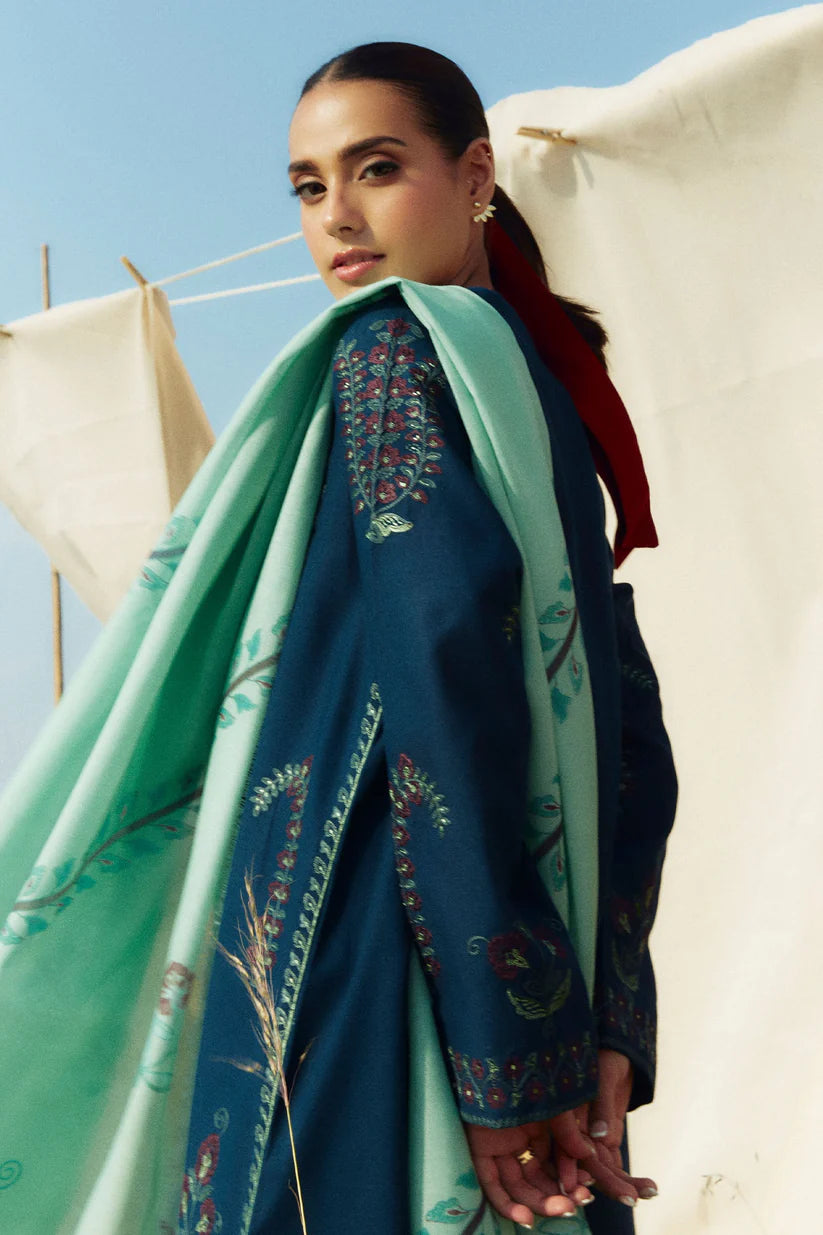 ZARA SHAHJAHAN- 3PC KHADDAR EMBROIDERED SHIRT WITH COURTAI WOOL PRINT SHAWL AND TROUSER-ADR-3337