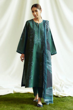 ZARA SHAHJAHAN- 3PC DHANAK EMBROIDERED SHIRT WITH WOOL PRINT SHAWL AND TROUSER-ADR-3336-B