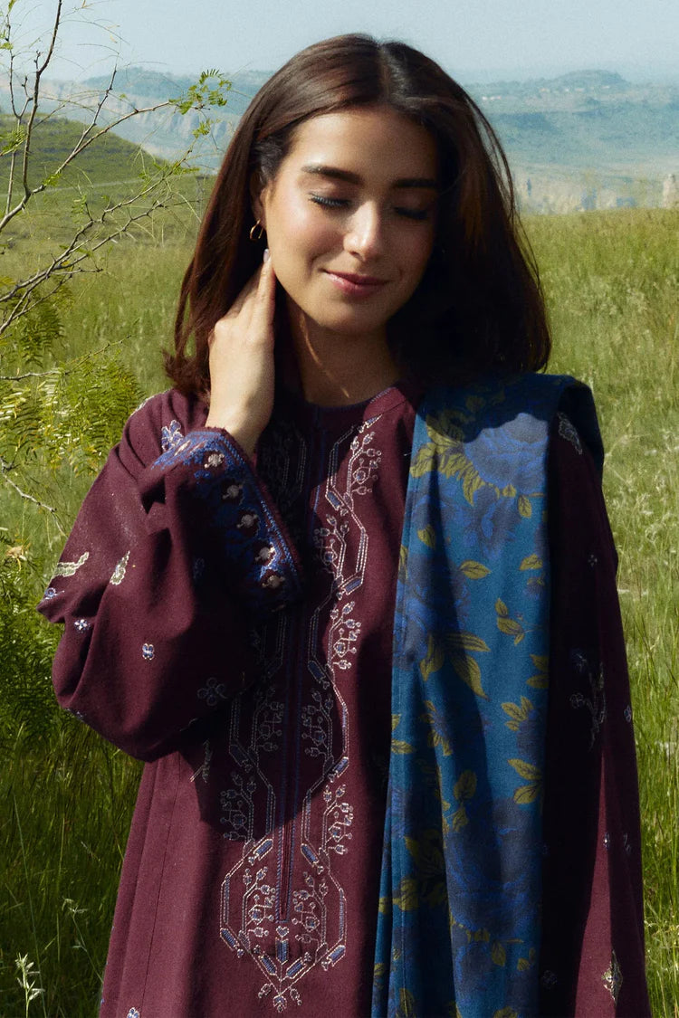 ZARA SHAH JAHAN-3PC DHANAK EMBROIDERED SHIRT WITH COURTRAI WOOL PRINTED SHAWL AND TROUSER-ADR-4045