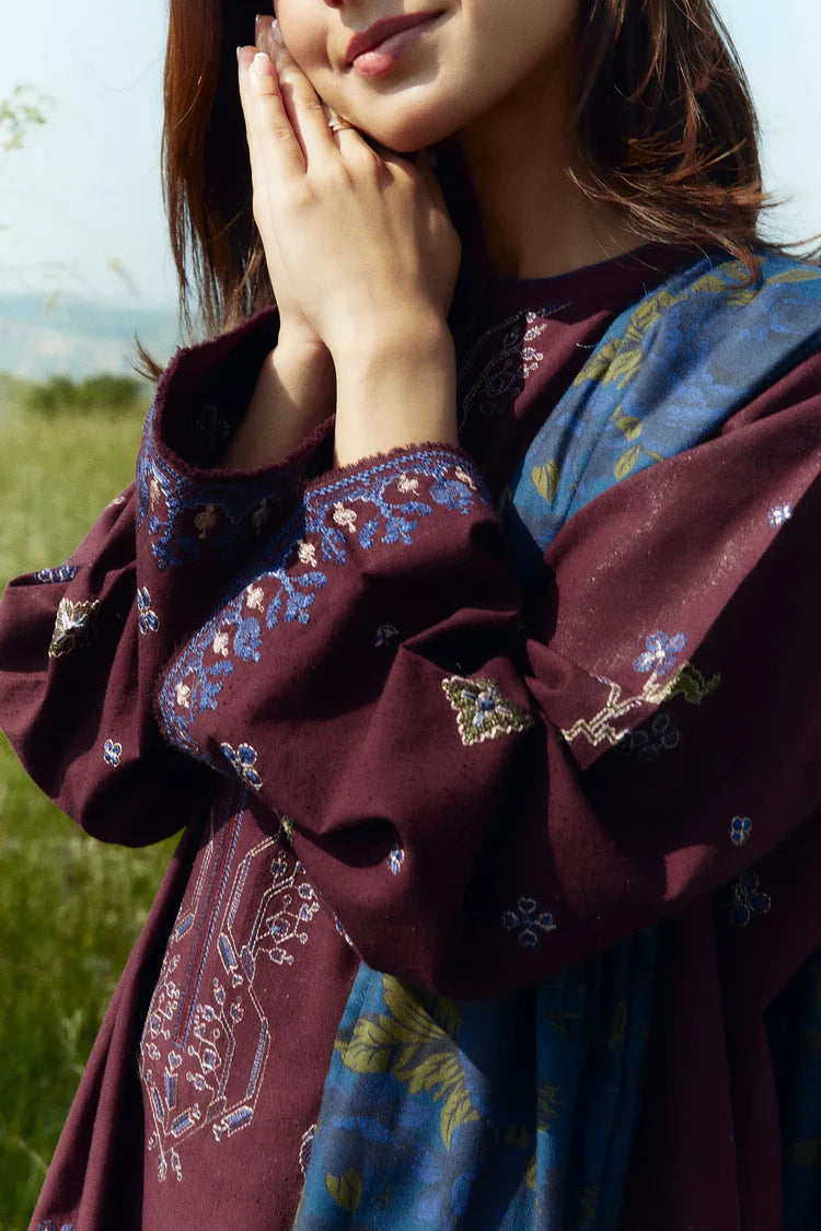 ZARA SHAH JAHAN-3PC DHANAK EMBROIDERED SHIRT WITH COURTRAI WOOL PRINTED SHAWL AND TROUSER-ADR-4045