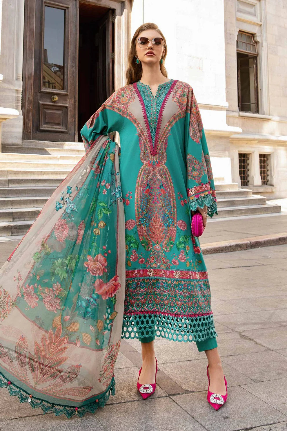 MARIA B- 3PC KARANDI PRINTED EMBROIDERED SHIRT WITH KARANDI PRINTED SHAWL AND KARANDI PRINTED TROUSER-ADR-3255-B