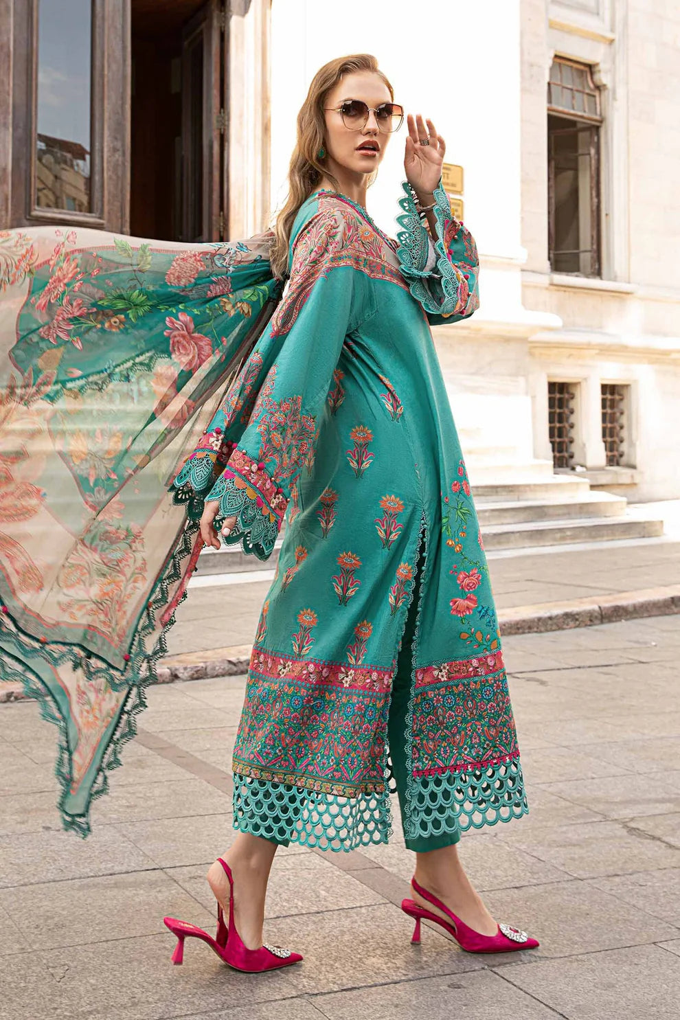 MARIA B- 3PC KARANDI PRINTED EMBROIDERED SHIRT WITH KARANDI PRINTED SHAWL AND KARANDI PRINTED TROUSER-ADR-3255-B