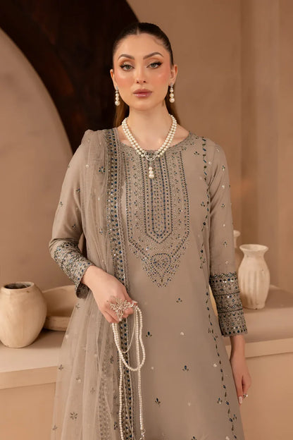 BATIK-3PC DHANAK EMBROIDERED SHIRT WITH ORGANZA EMBROIDERED DUPATTA AND EMB TROUSER-ADR-4120