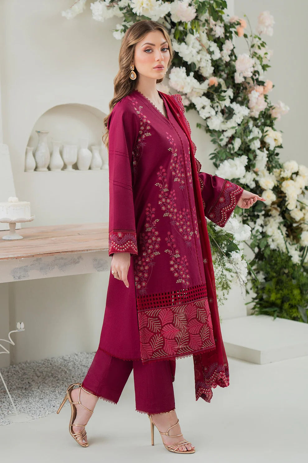 ZIVA- LAWN 3PC EMBROIDERED SHIRT WITH BAMBER CHIFFON EMBROIDERED DUPATTA WITH TROUSER -ADR- 2787